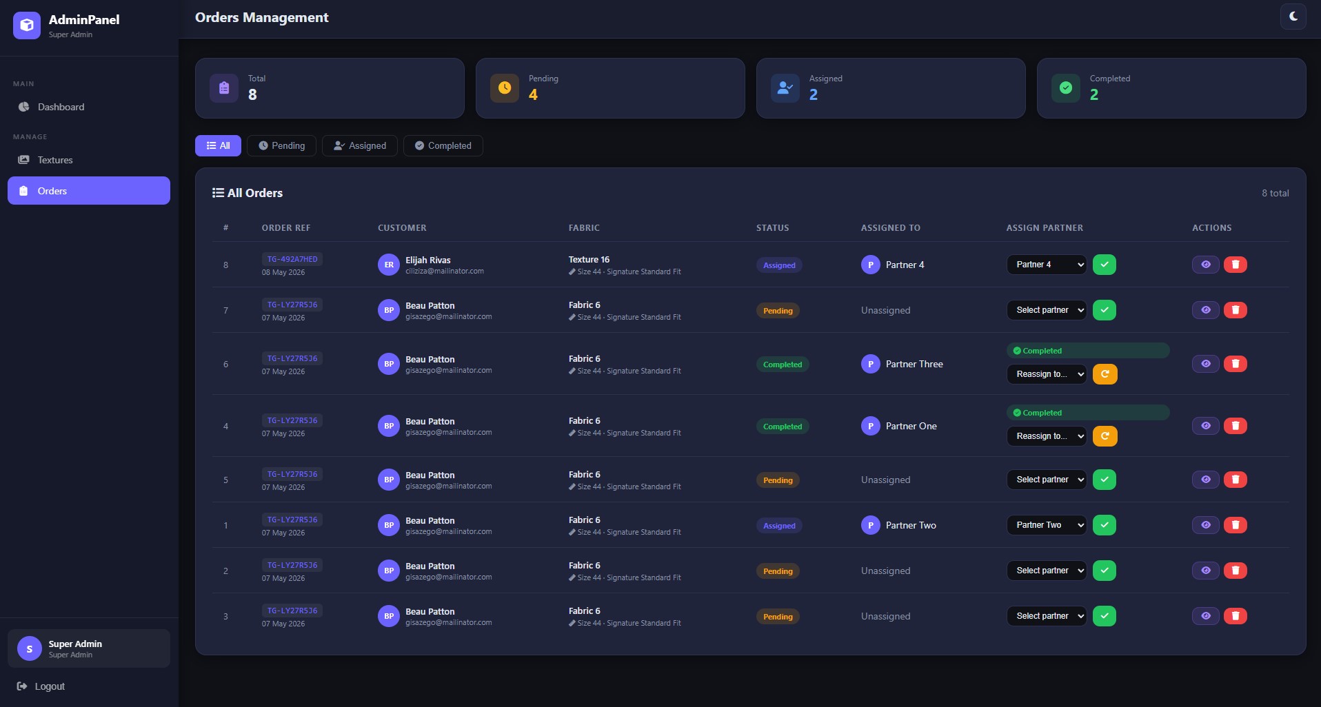TailorGo Laravel admin panel for orders management
